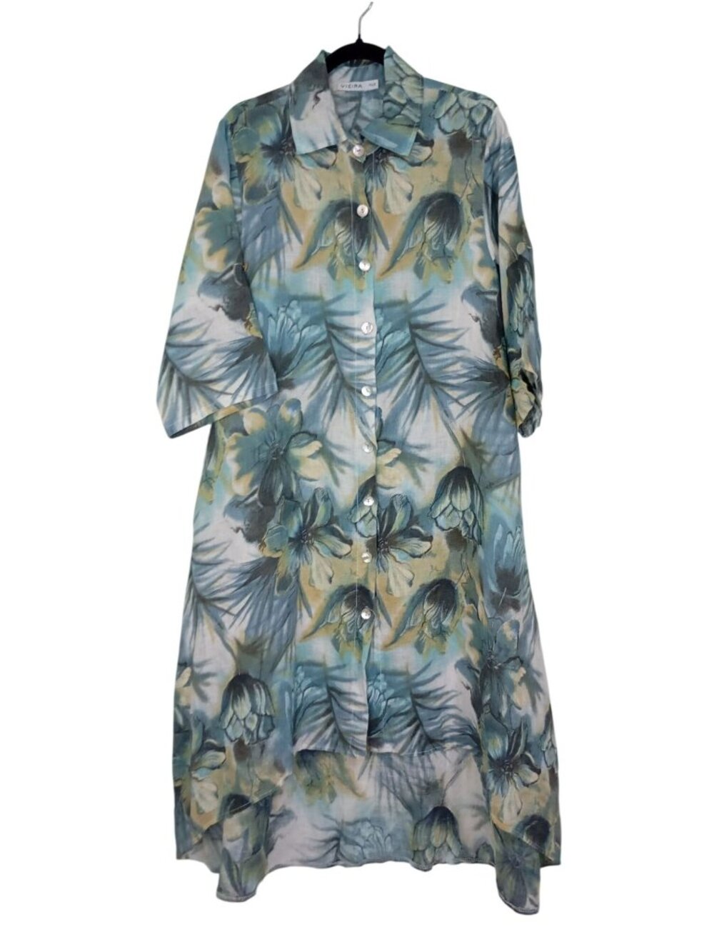 Floral Print Button-Up Linen Tunic Maxi Dress Roll-Up Sleeves Plus Size OZ